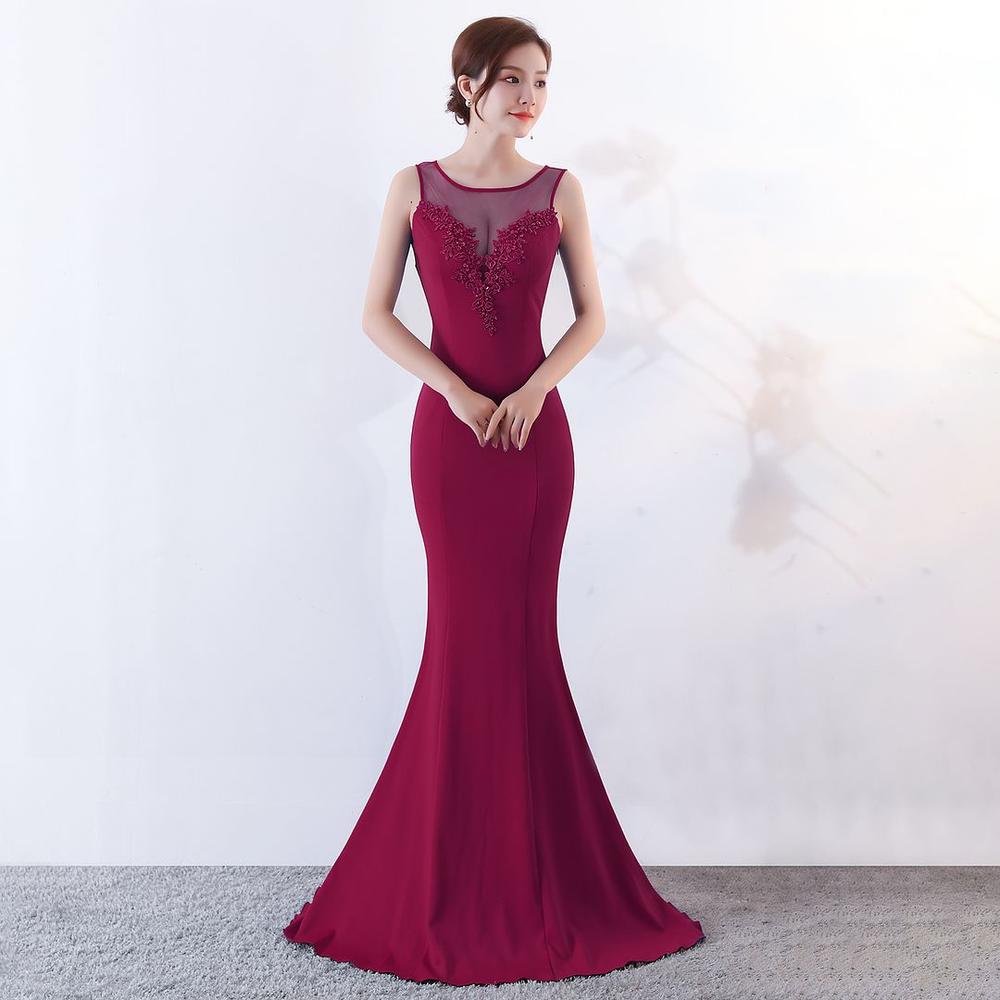 Party Dress Women's Sexy Party Dress Wine Red Stretch Sleeveless O-Neck Sheath Fishtail Formal Prom Evening Dress DRL1005WINRED