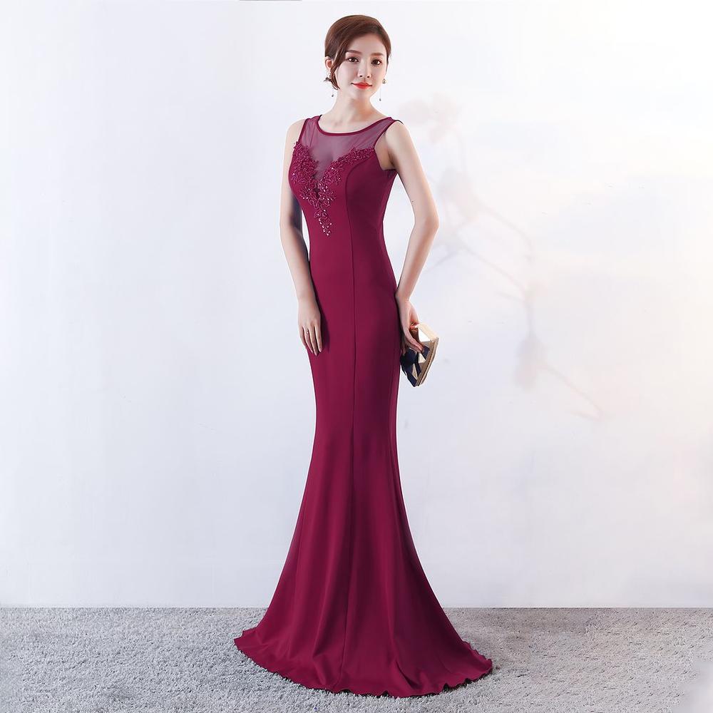 Party Dress Women's Sexy Party Dress Wine Red Stretch Sleeveless O-Neck Sheath Fishtail Formal Prom Evening Dress DRL1005WINRED