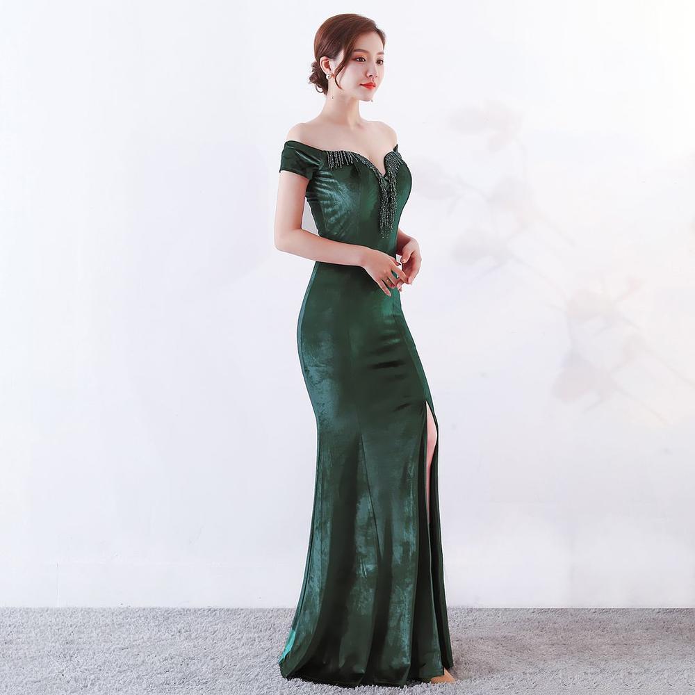 Party Dress Women's Sexy Party Dress Green Corduroy Stretch Off Shoulder Sleeveless Sheath Fishtail Formal Prom Evening Dress DRL1006GRN