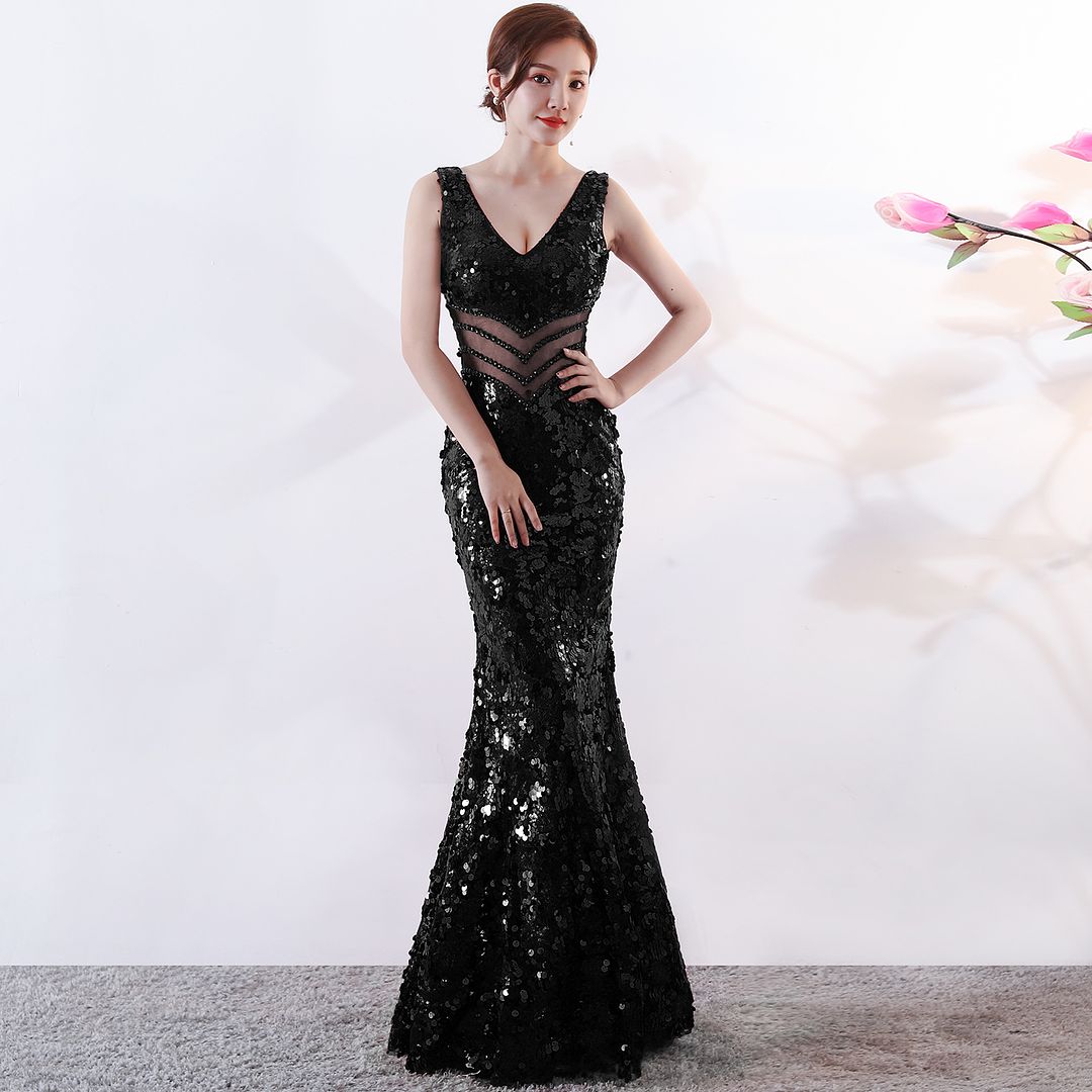 Party Dress Women's Sexy Party Dress Black Stretch Sequins Sleeveless V-Back Sheath Fishtail Formal Prom Evening Dress DRL1101BLK