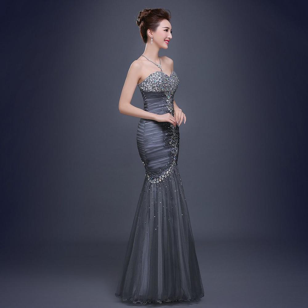 Formal Dress New Fashion Evening Dress Long Mermaid Sweetheart Sleeveless Luxury Crystal Beading Fishtail Dinner Noble Prom Dress DR1041GRY
