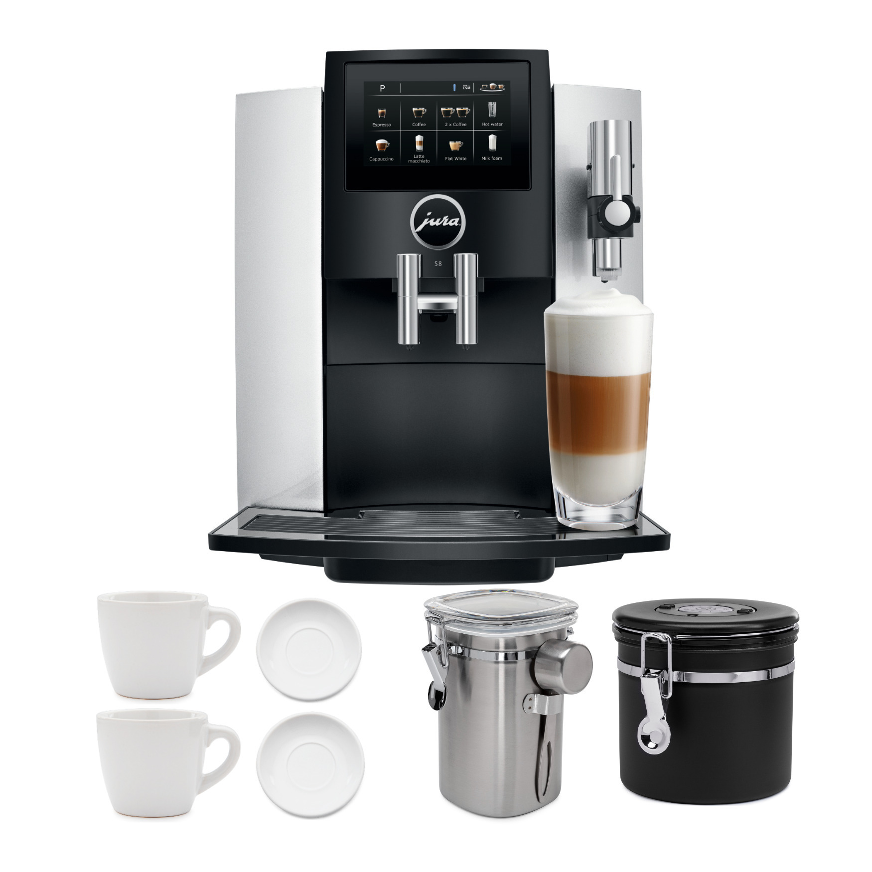 Jura S8 Automatic Coffee Machine with 2 Cup and Saucer Sets Bundle