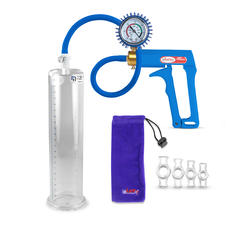 LeLuv MAXI, Gauge and Cover Premium Blue Penis Pump with Silicone Hose - 4 Constriction Rings - 9" x 2.25" Aid