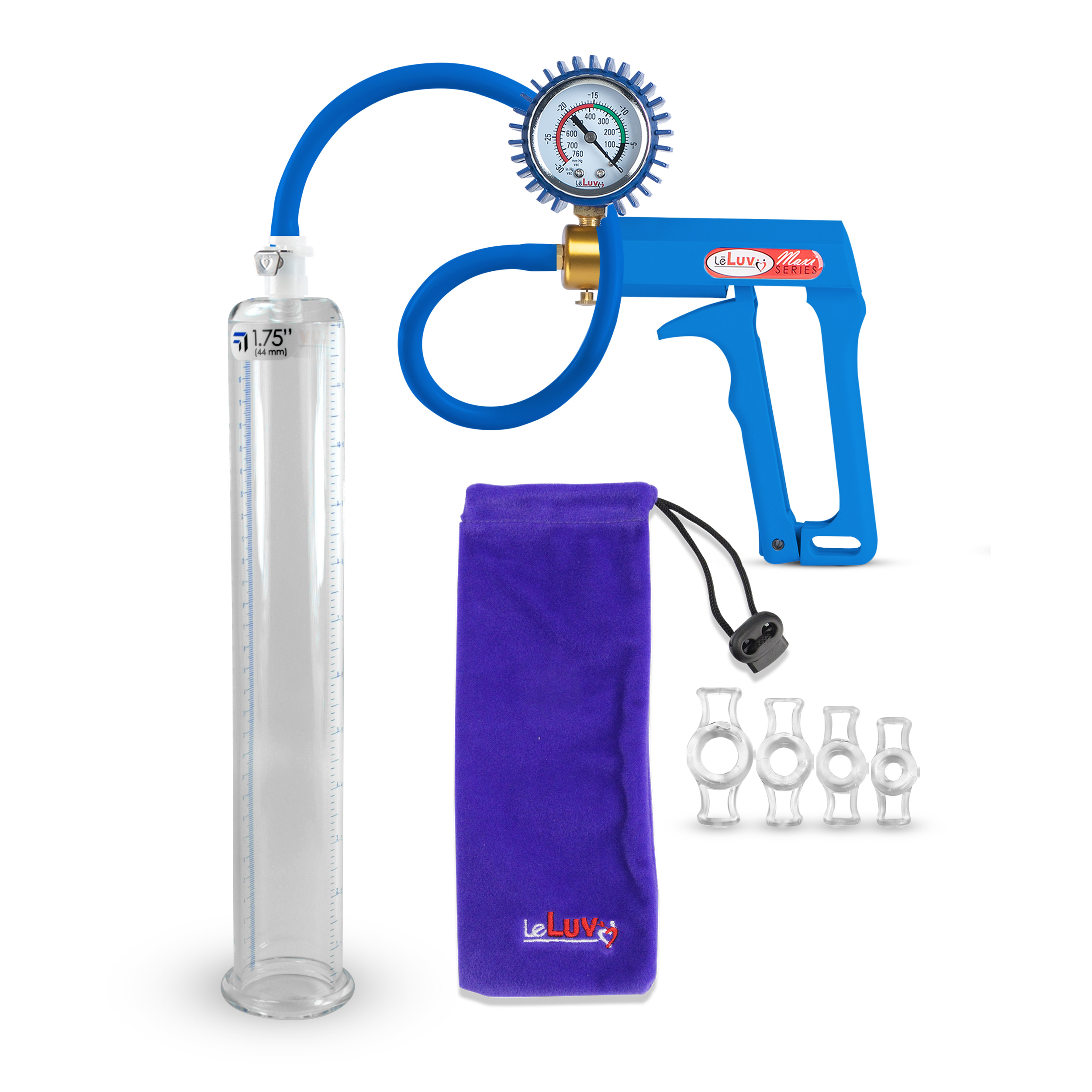 LeLuv MAXI, Gauge and Cover Premium Blue Penis Pump with Silicone Hose - 4 Constriction Rings - 12" x 1.75" Aid