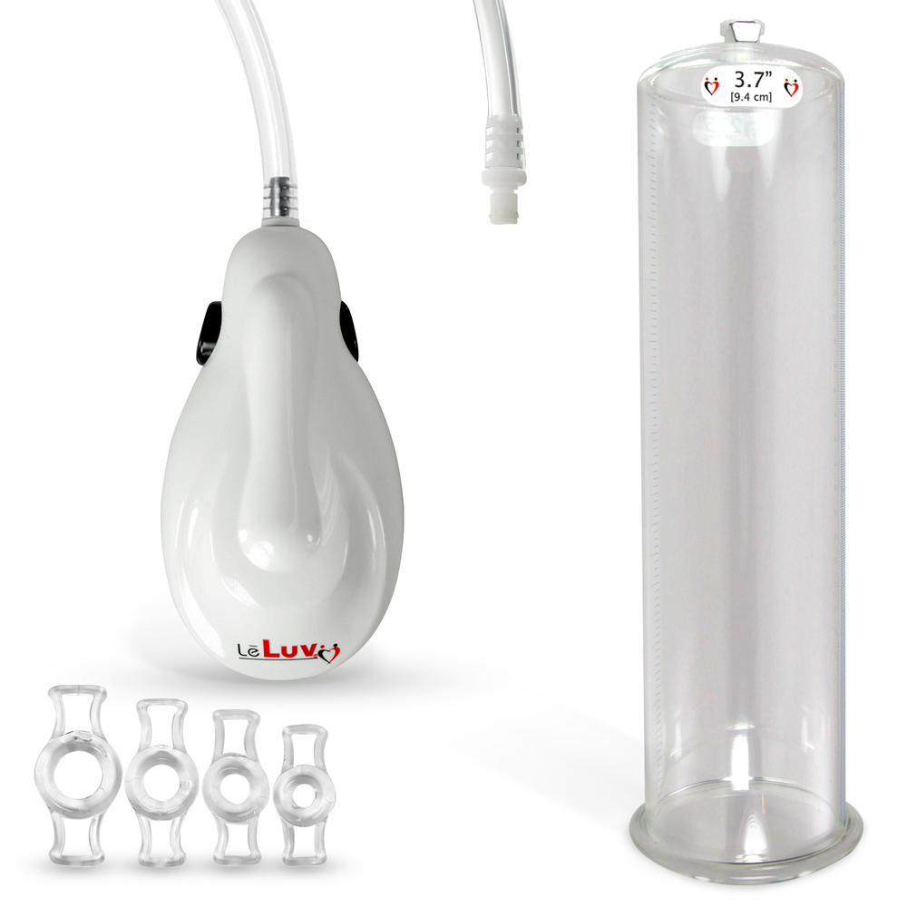 LeLuv White eGrip Handheld Electric Penis Pump - 12" x 3.70" + 4 Constriction Rings