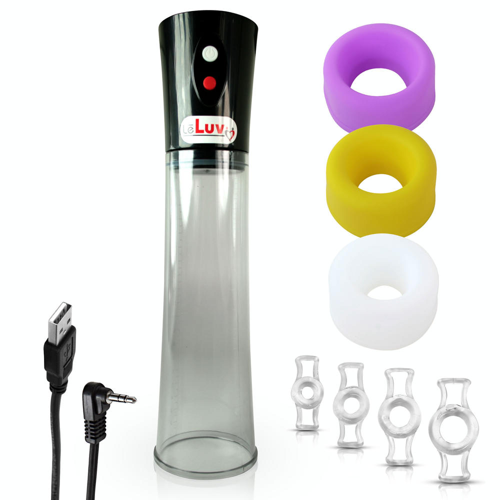LeLuv BLACK Eros USB-Powered Electric Penis Pump - SMOKE Cylinder - 3 Sizes of Sleeves & 4 Constriction Rings