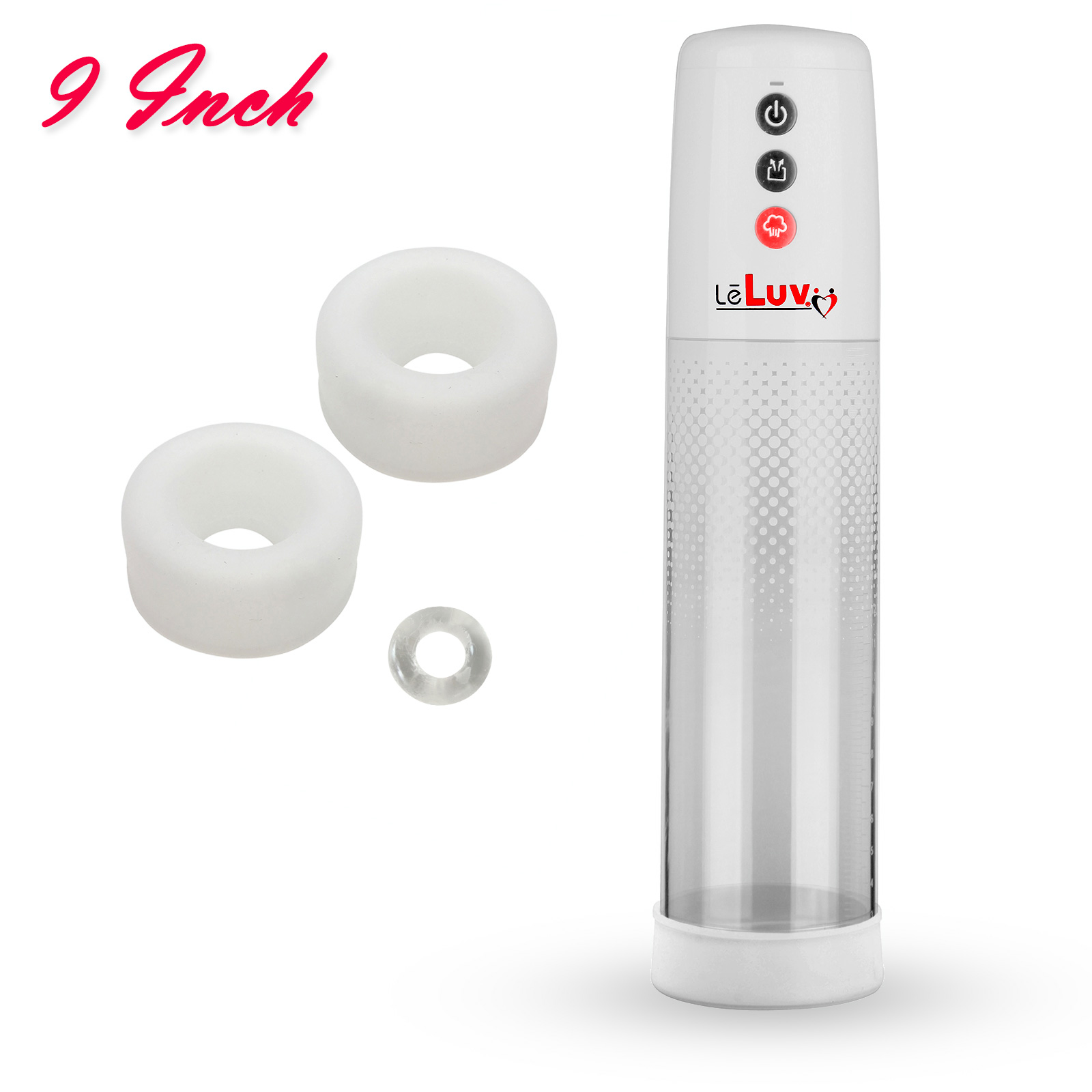 LeLuv White iPump Battery Power Penis Pump 9" Dotted Cylinder & C.Ring + 3 Small Sleeves