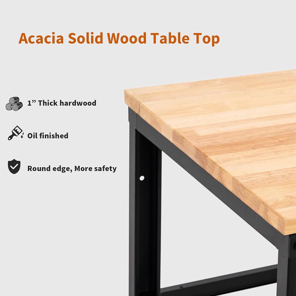 Mcombo Heavy Duty Workbench with Solid Acacia Wood Tabletop, Overall Steel Frame Worktable with Adjustable Legs