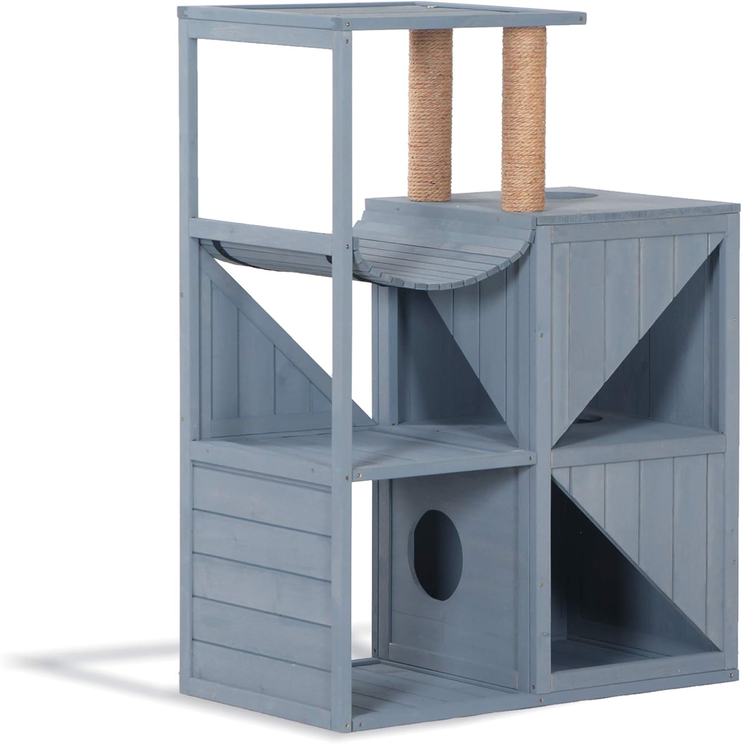 Mcombo Wooden Cat House for Indoor Cats, Solid Wood Cat Condo with Scratching Columns 0505