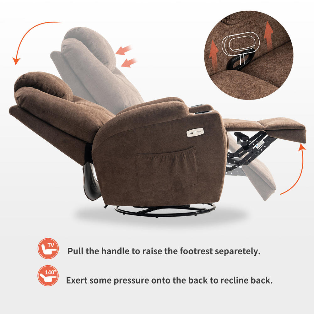 Mcombo Manual Swivel Glider Rocker Recliner Chair with Massage and Heat, 2 USB Ports, 2 Cup Holders, 2 Side Pockets, Fabric 8041