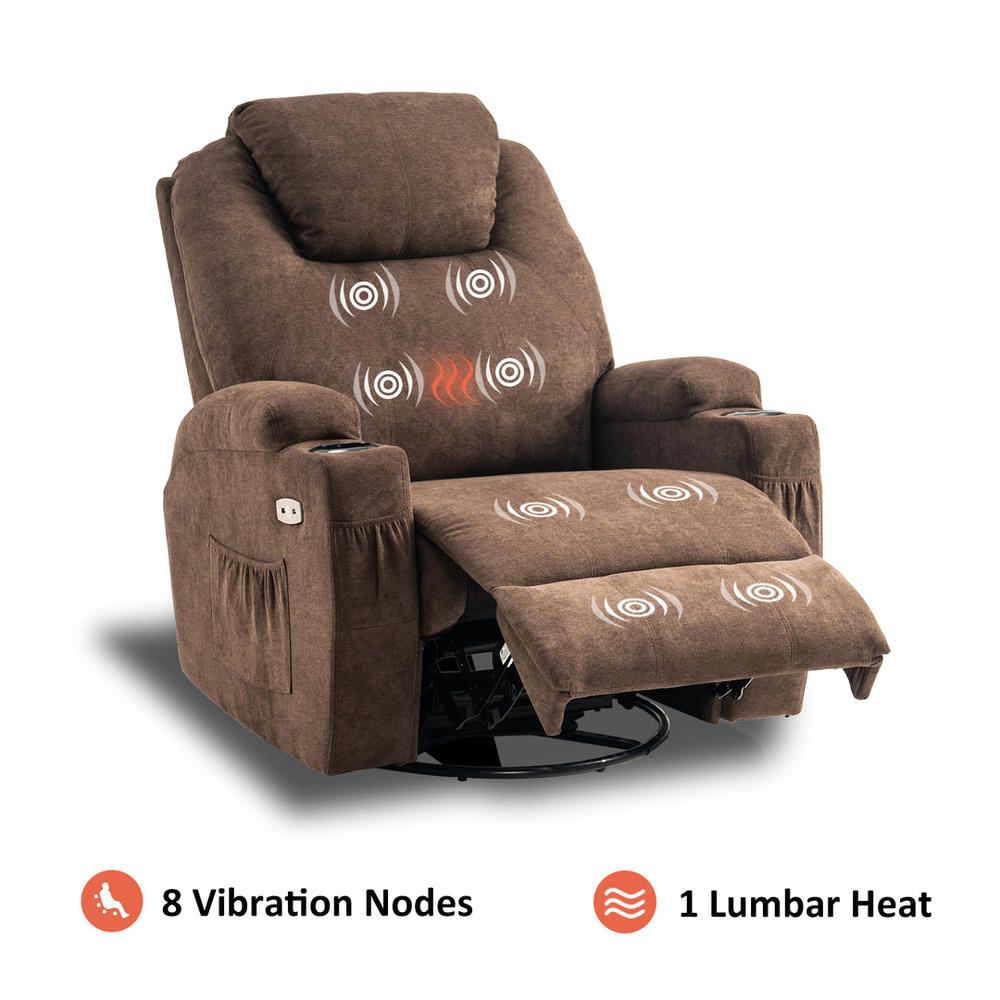 Mcombo Manual Swivel Glider Rocker Recliner Chair with Massage and Heat, 2 USB Ports, 2 Cup Holders, 2 Side Pockets, Fabric 8041