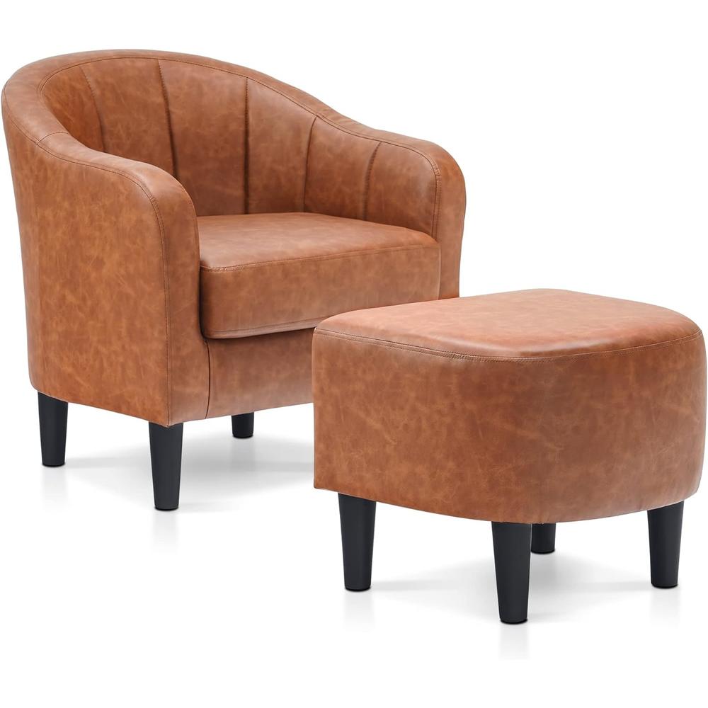 Mcombo Modern Accent Club Chair, Tub Barrel Chair with Ottoman, Faux Leather Arm Chair with Round Legs, Single Sofa Chair 4022