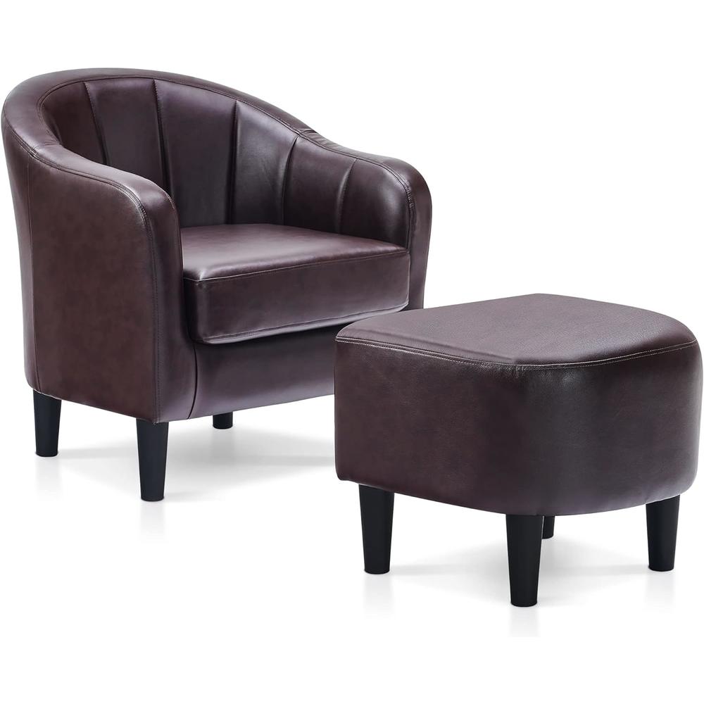 Mcombo Modern Accent Club Chair, Tub Barrel Chair with Ottoman, Faux Leather Arm Chair with Round Legs, Single Sofa Chair 4022