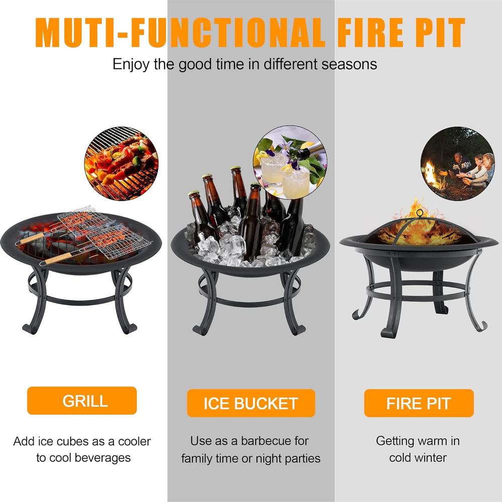 MCombo 30" Metal Black Fire Pit Round Table Backyard Patio Terrace Fire Bowl Heater/BBQ/Ice Pit with Charcoal Rack Waterproof Co