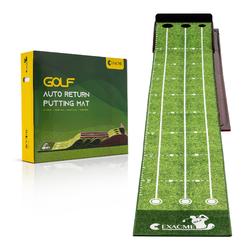 ExacMe Golf Putting Green with Ball Return, 3 Cups, Wood Golf Practice Mat Indoor Outdoor Use, 9.8 Foot, GF345