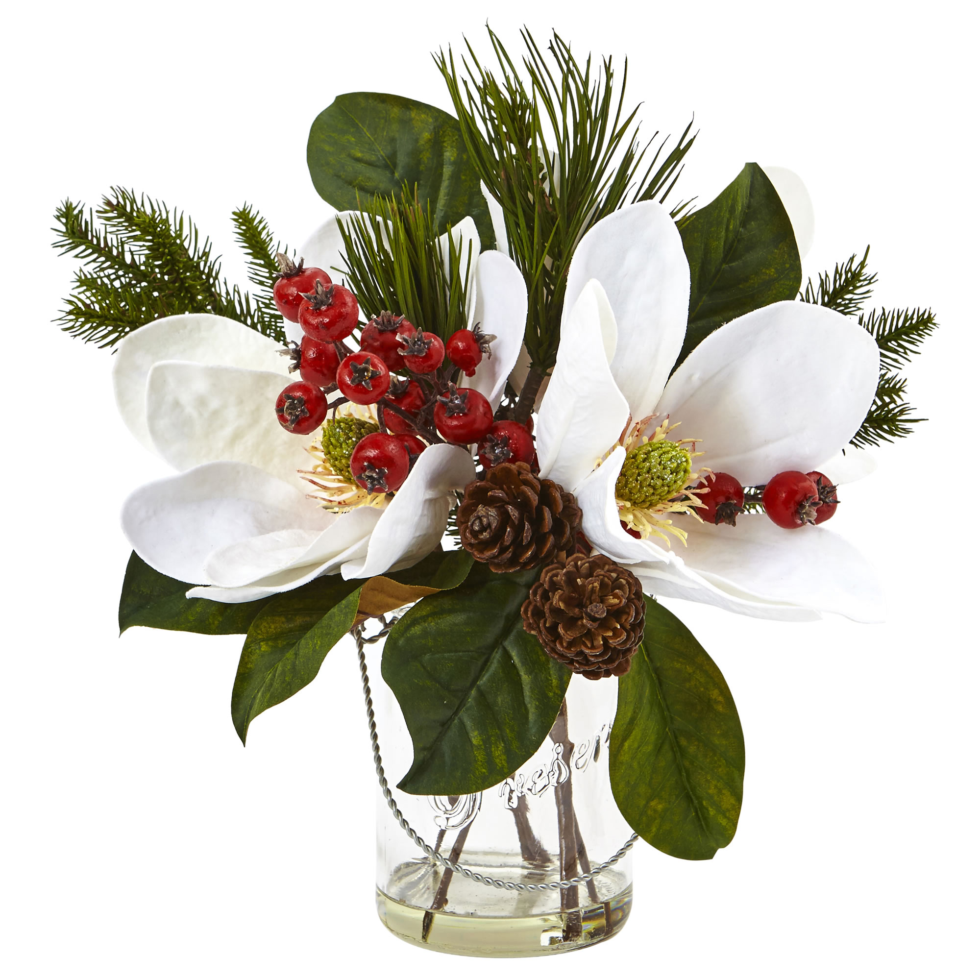 Nearly Natural Magnolia, Pine, And Berry In Glass Vase