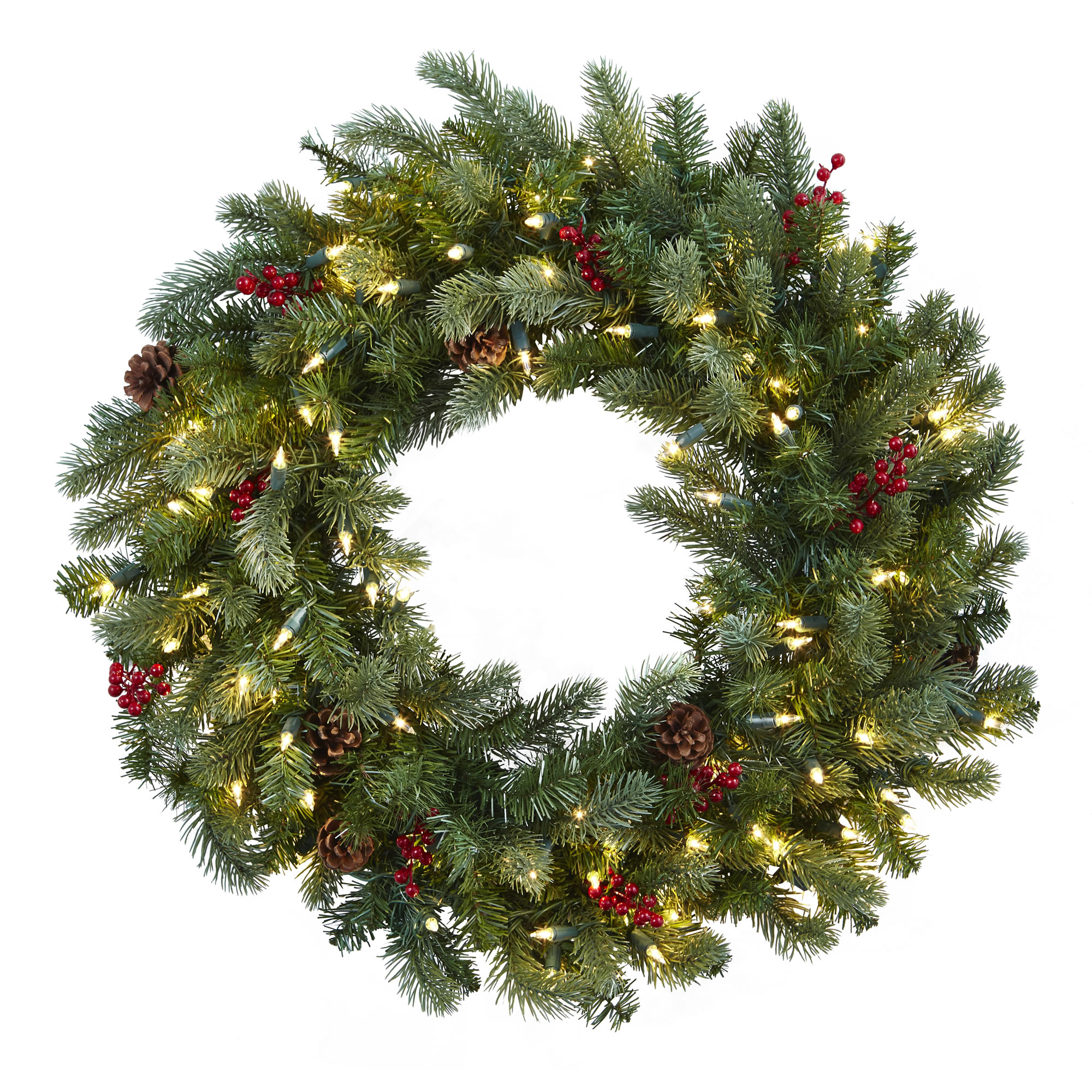Nearly Natural 30” Lighted Pine Wreath W/berries  N  Pine Cones