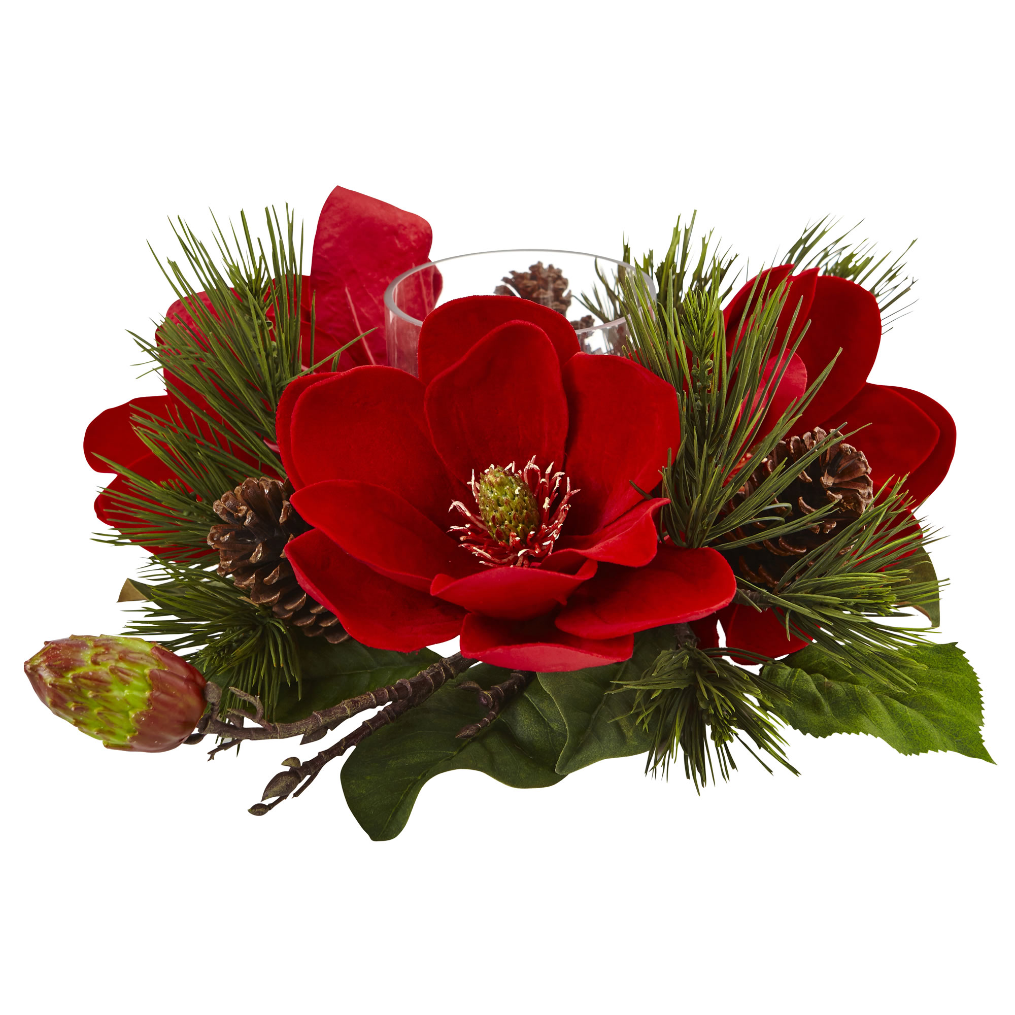 Nearly Natural Red Magnolia  N  Pine Candelabrum 