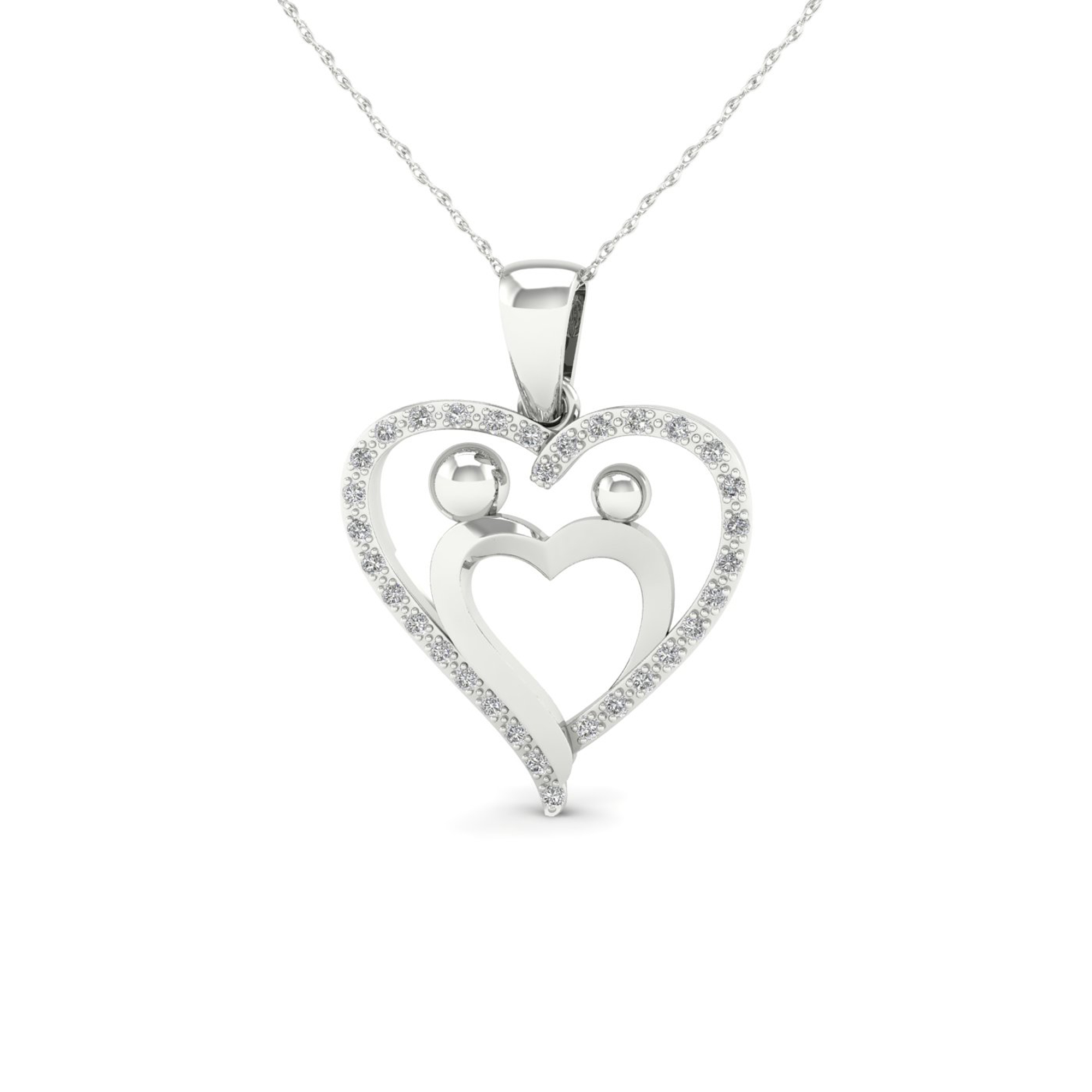 Amouria 10K White Gold 1/10ct TDW Diamond  Mother and Child Heart Pendant Necklace