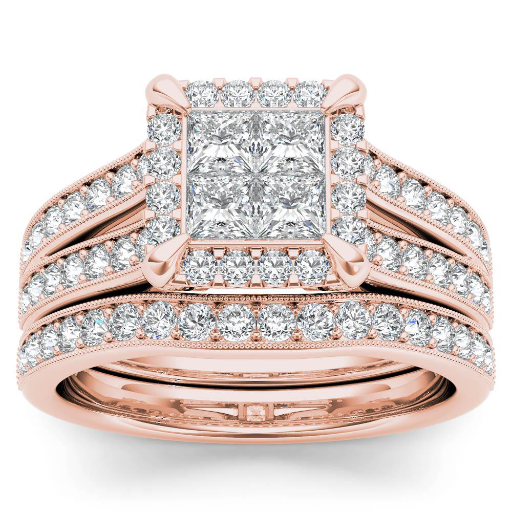 Amouria 14k Rose Gold 1 1/2 Ct TDW Princess Cut Diamond Halo Engagement Ring Set (HI, I2)