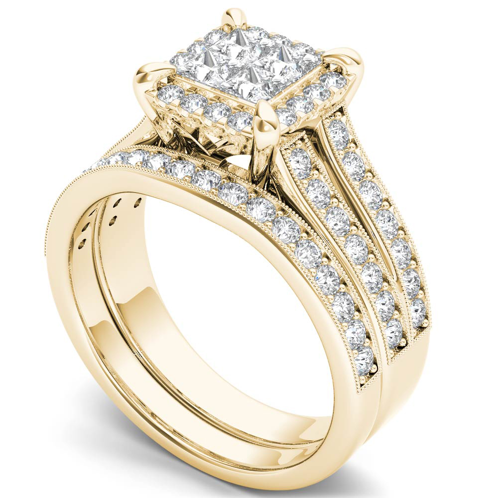 Amouria 14k Yellow Gold 1 1/2 Ct TDW Princess Cut Diamond Halo Engagement Ring Set (HI, I2)