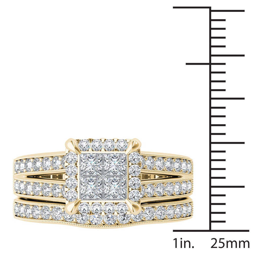 Amouria 14k Yellow Gold 1 1/2 Ct TDW Princess Cut Diamond Halo Engagement Ring Set (HI, I2)