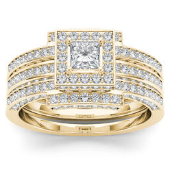 Amouria 14k Yellow Gold 1 1/2 Ct TDW Princess Cut Diamond Two Band Halo Engagement Ring Set (HI, I2)