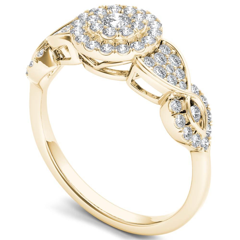Amouria 10k Yellow Gold 1/2 Ct Round Cut Diamond Criss-Cross Shank Cluster Halo Engagement Ring (HI, I2)