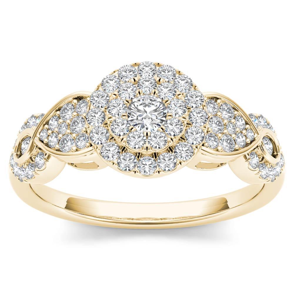 Amouria 10k Yellow Gold 1/2 Ct Round Cut Diamond Criss-Cross Shank Cluster Halo Engagement Ring (HI, I2)
