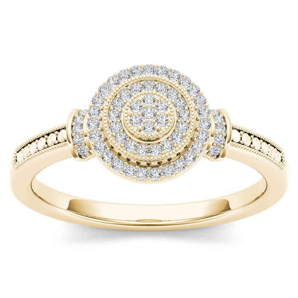 Amouria 10k Yellow Gold 1/6 Ct Round Cut Diamond Cluster Double Halo Engagement Ring (HI, I2)