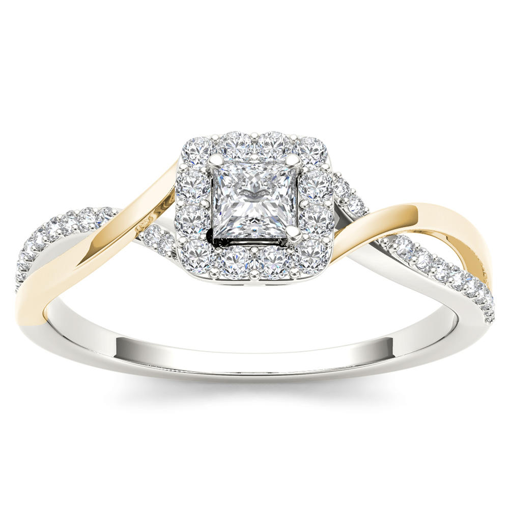 Amouria 10k Yellow Two-Tone White Gold 1/2 Ct Princess Cut Diamond Criss-Cross Shank Halo Engagement Ring (HI, I2)