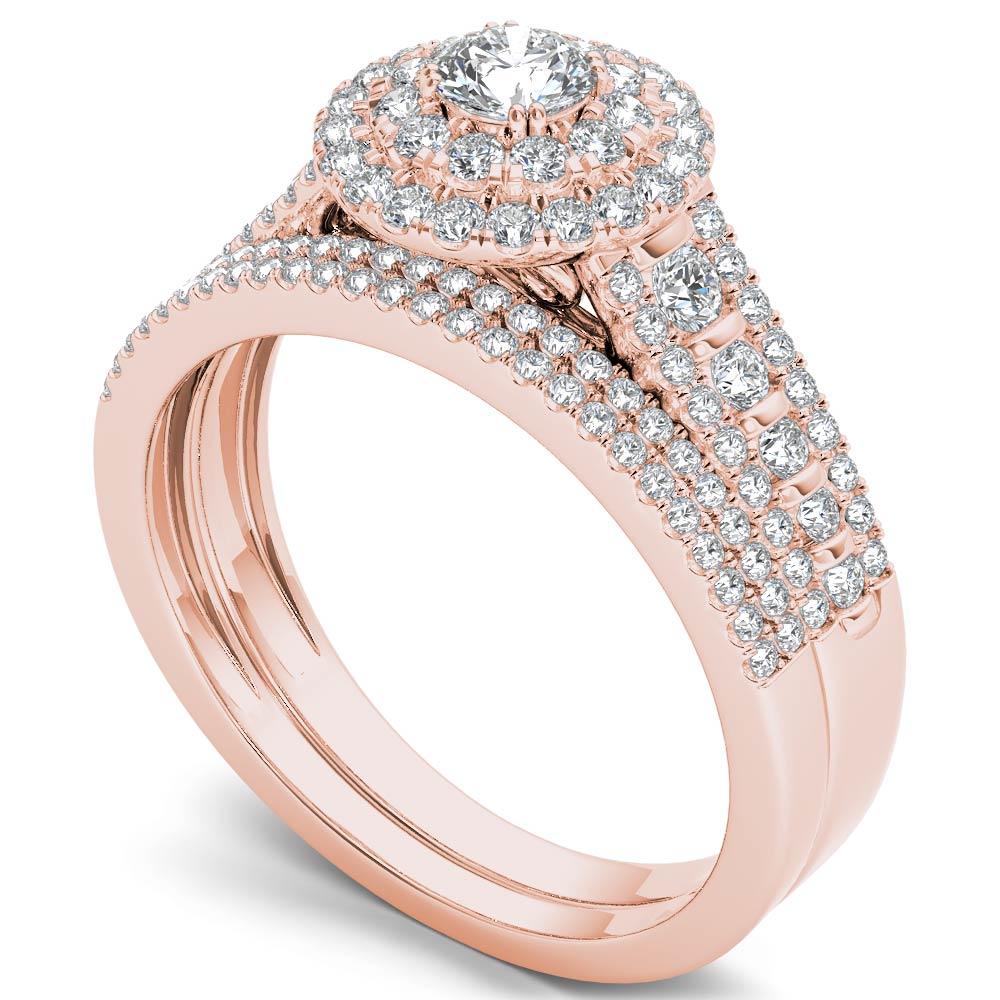 Amouria 10k Rose Gold 1 Ct Round Cut Diamond Double Halo Engagement Ring Set (HI, I2)