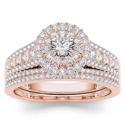 Amouria 10k Rose Gold 1 Ct Round Cut Diamond Double Halo Engagement Ring Set (HI, I2)