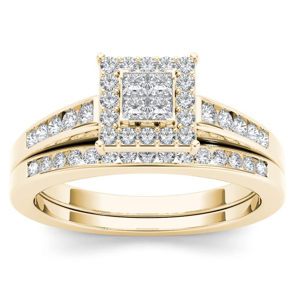 Amouria 10k Yellow Gold 1/2 Ct Princess Cut Diamond Halo Engagement Ring Set (HI, I2)