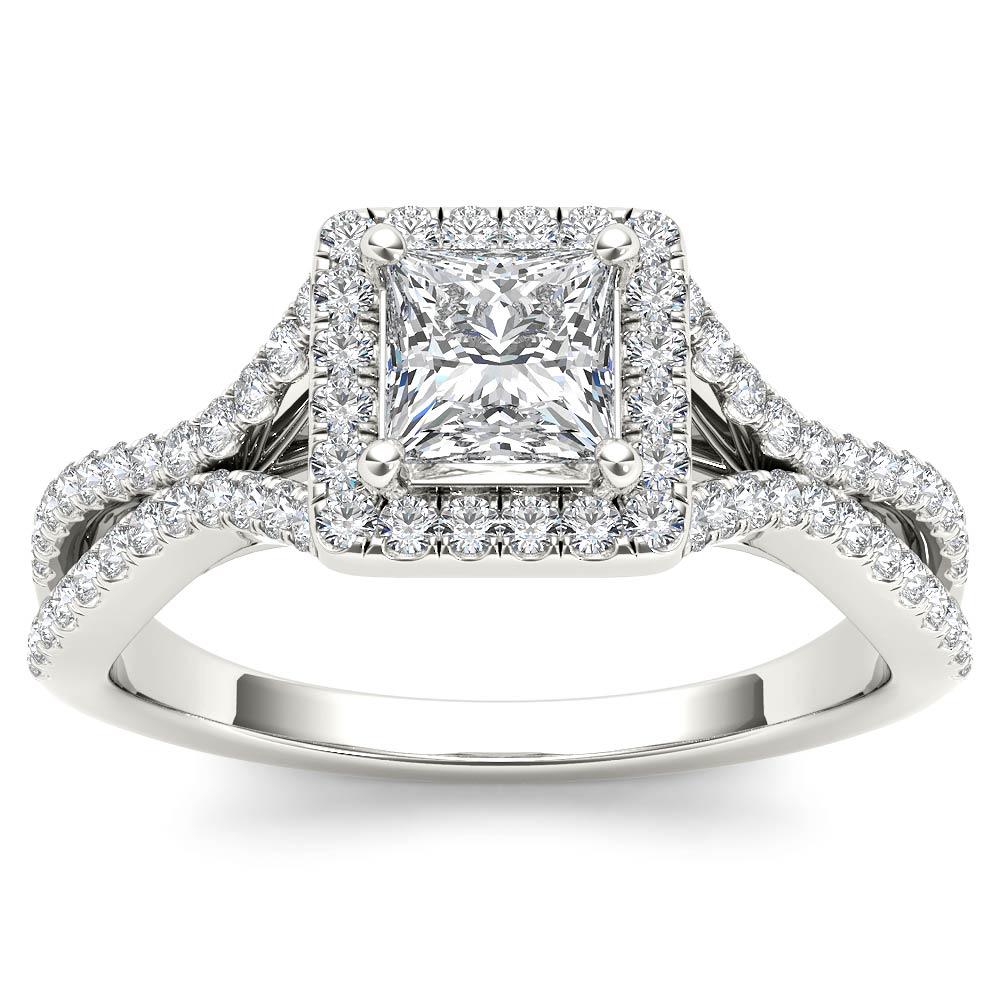 Amouria 14k White Gold 1 Ct Princess Cut Diamond Split Shank Halo Engagement Ring (HI, I2)