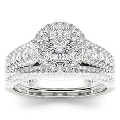 Amouria 10k White Gold 1 Ct Round Cut Diamond Double Halo Engagement Ring Set (HI, I2)