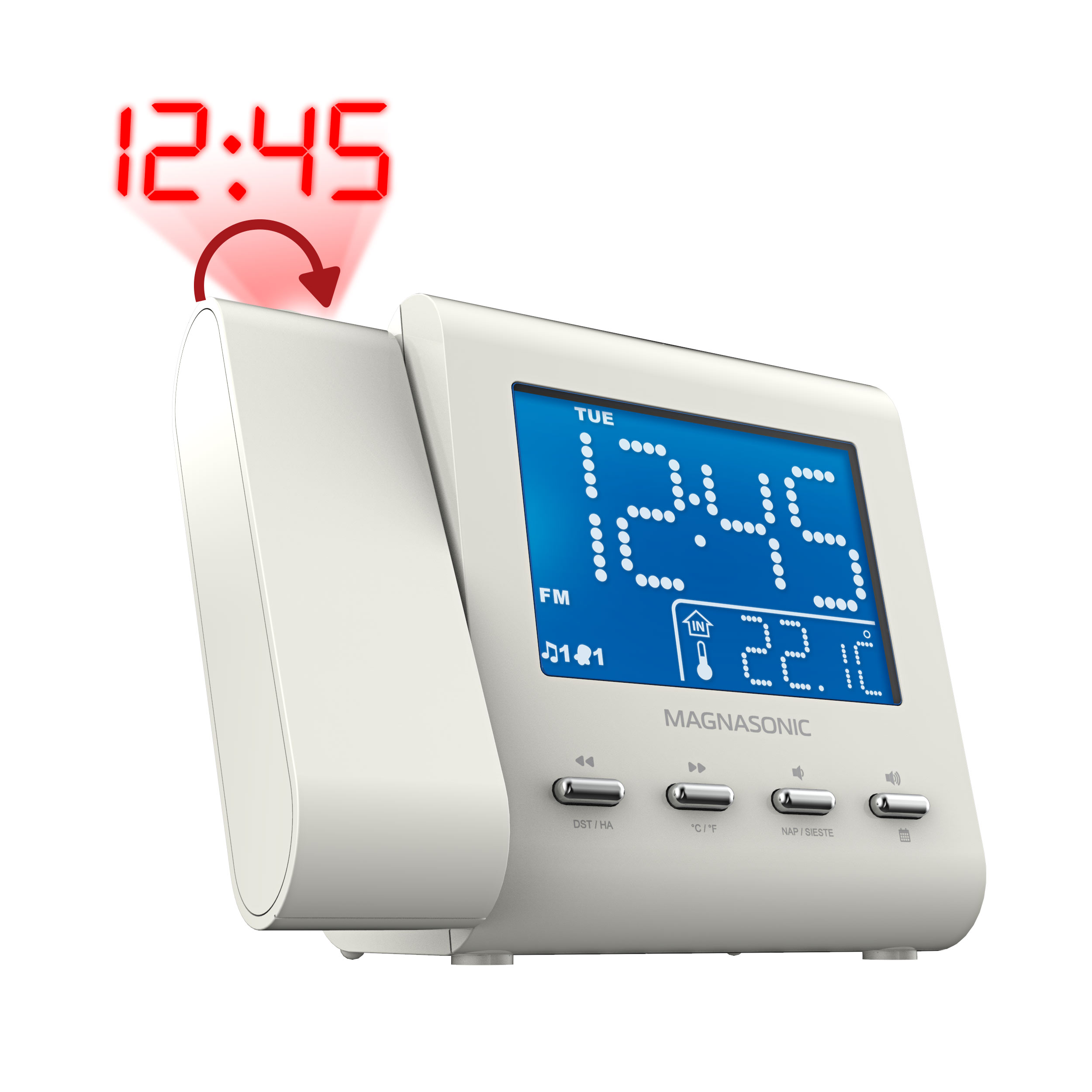Magnasonic Projection Alarm Clock with AM/FM Radio, Battery Backup, Auto Time Set, Dual Alarm & 3.5mm Aux Input - White