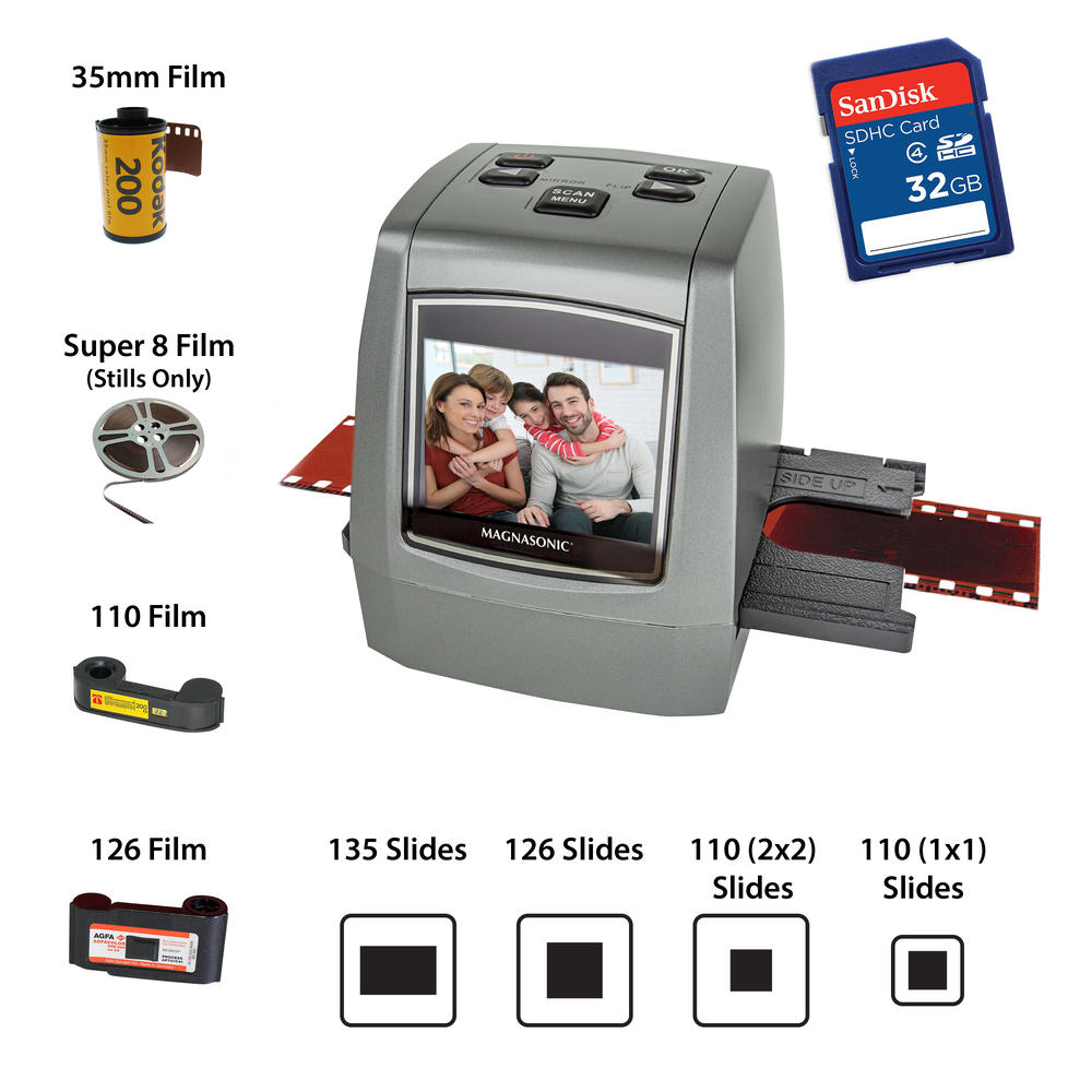 Magnasonic All-In-One High Resolution 24MP Film Scanner, Converts Film, Slides & Negatives, with Bonus 32GB SD Card