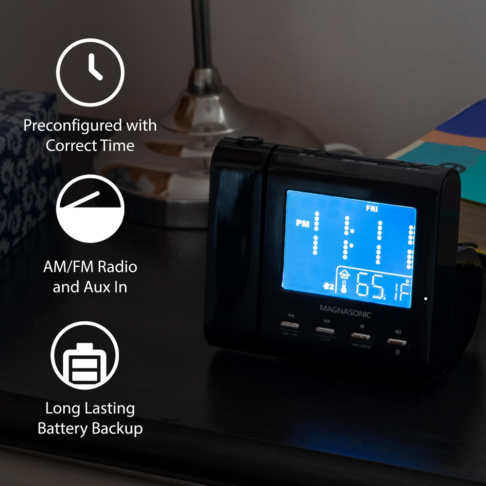 Magnasonic Projection Alarm Clock with AM/FM Radio, Battery Backup, Auto Time Set, Dual Alarm & 3.5mm Aux Input - White