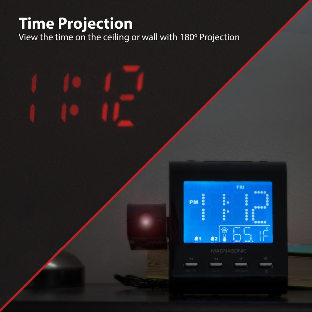 Magnasonic EAAC601 Projection Alarm Clock Radio with Battery Backup & Dual Alarm- BONUS 2 Pack