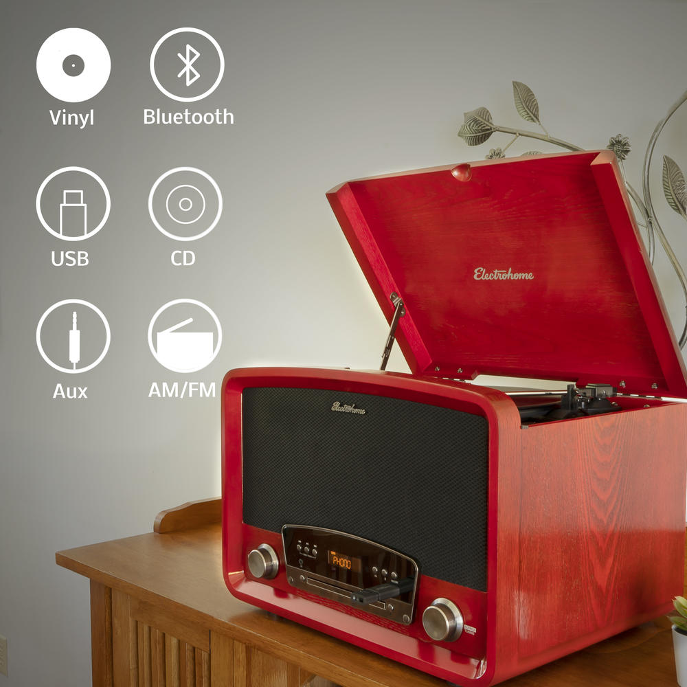 Electrohome Kingston Vintage Vinyl Record Player Stereo System - Turntable, Bluetooth, Radio, CD, Aux, USB, Vinyl to MP3