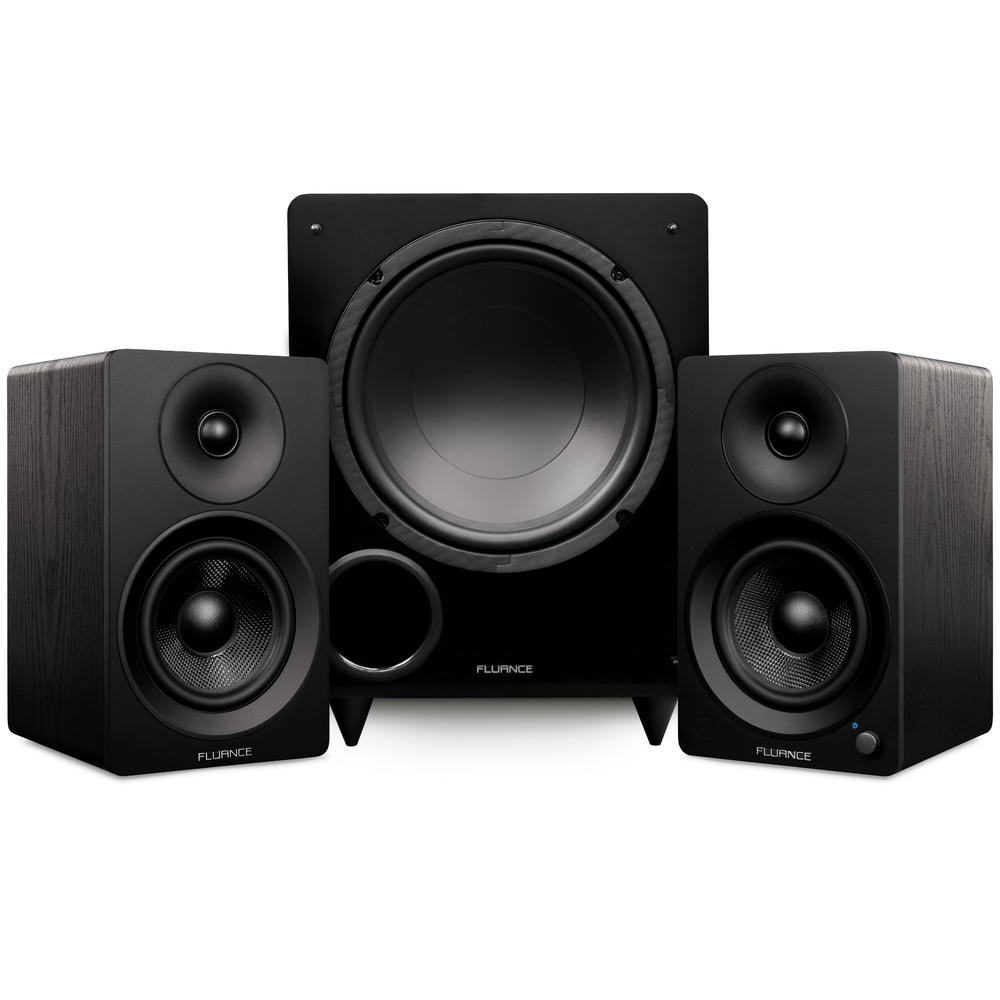 Fluance Ai41 Powered 5" Stereo Bookshelf Speakers, DB10 10" Powered Subwoofer, 15 ft RCA Subwoofer Cable (Black Ash)