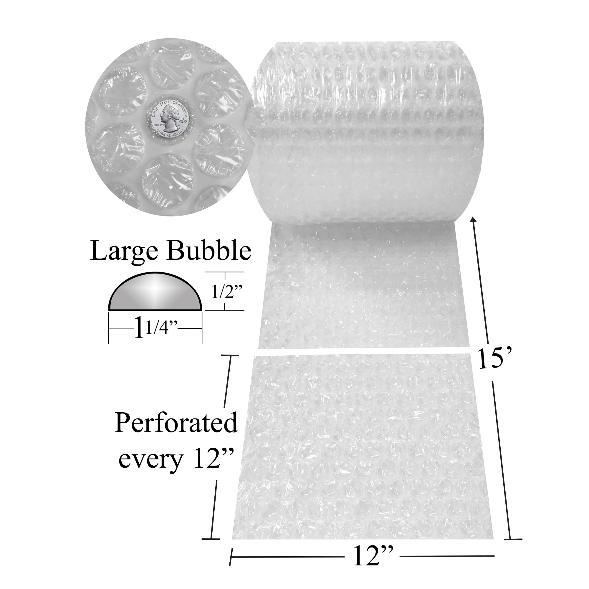UBMOVE Large Bubble 12&quot; wide x 15' feet Wrap 1/2&quot; Bubble Size Perf 12&quot;
