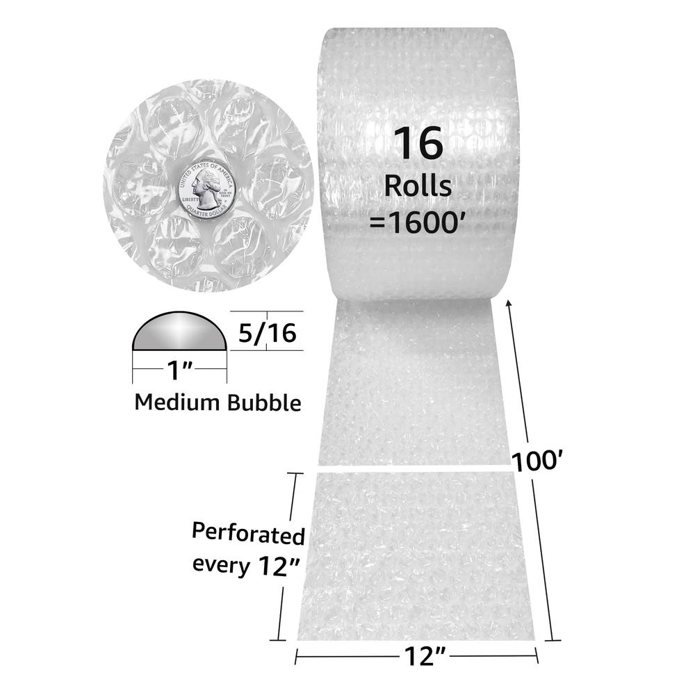 UOFFICE Bubble Cushioning Wrap Roll - 1600 Ft x 12&quot; Wide - Medium 5/16&quot; Sized Bubbles