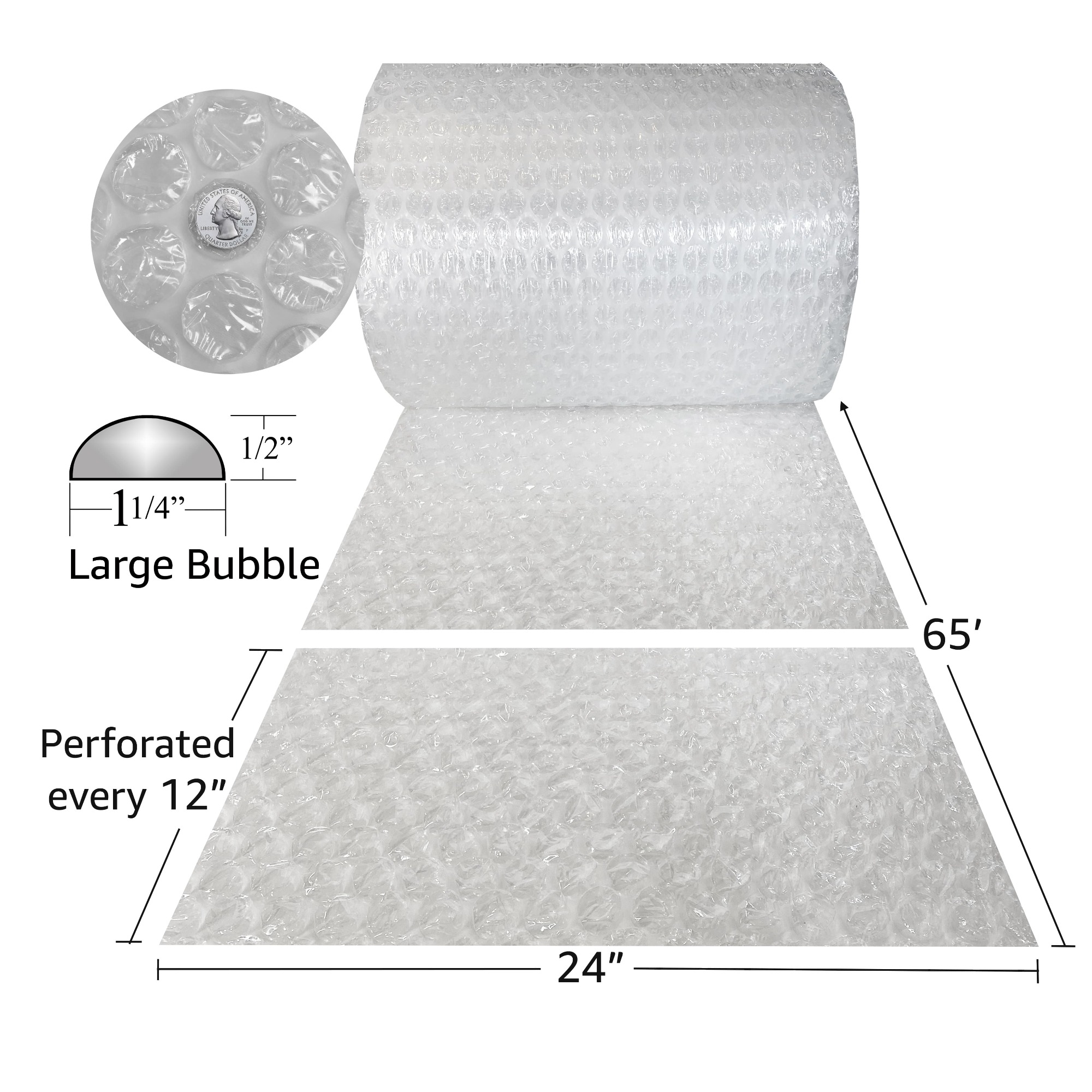 UBMOVE Bubble Roll Wrap Cushioning - 24&quot; Wide x 65 Ft - Large 1/2&quot; Size Bubbles