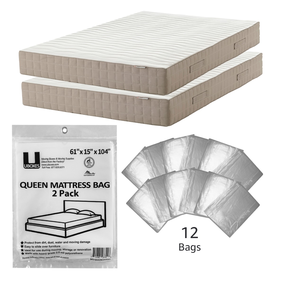 UBMOVE 12 Queen Mattress Bags 61"x15&quot;x90&quot; Poly Bags Protective Moving Storage