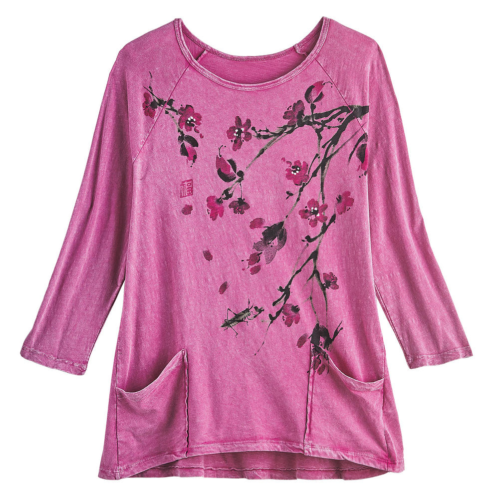 JESS & JANE Womens Tunic Top Cherry Blossom Floral Print Fuchsia Pink