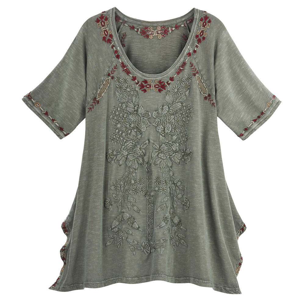 Caite Women's Floral Embroidered Tunic - Sage Green Top, 1/2 Length Sleeves