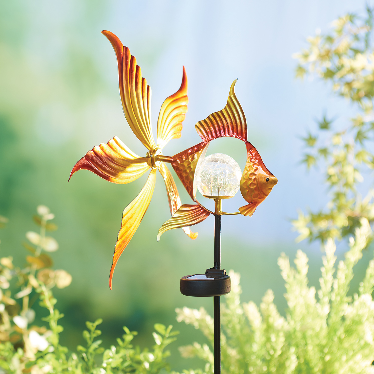 ART & ARTIFACT Fish Garden Stake - Solar Powered Light Globe Wind Spinner