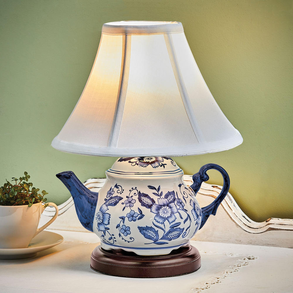 ART & ARTIFACT Ceramic Teapot Lamp - Delft Blue Tea Kettle Light with Shade